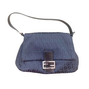 Fendi Black and Dark Grey Gunmetal Silver Monogram Mamma Baguette Cloth Handbag